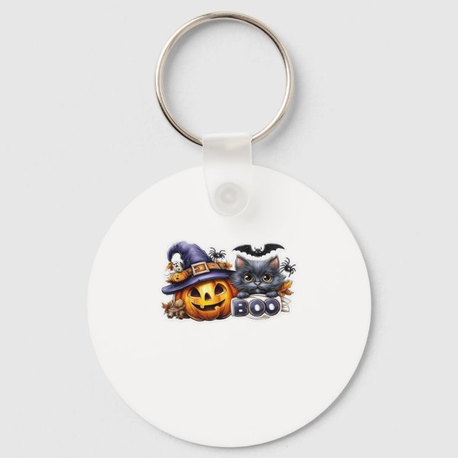 Funny Halloween Cat Sticker � Witch Hat, Pumpkin a Keychain (Front)
