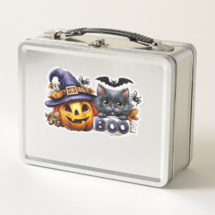 Funny Halloween Cat Sticker Witch Hat, Pumpkin an Metal Lunch Box