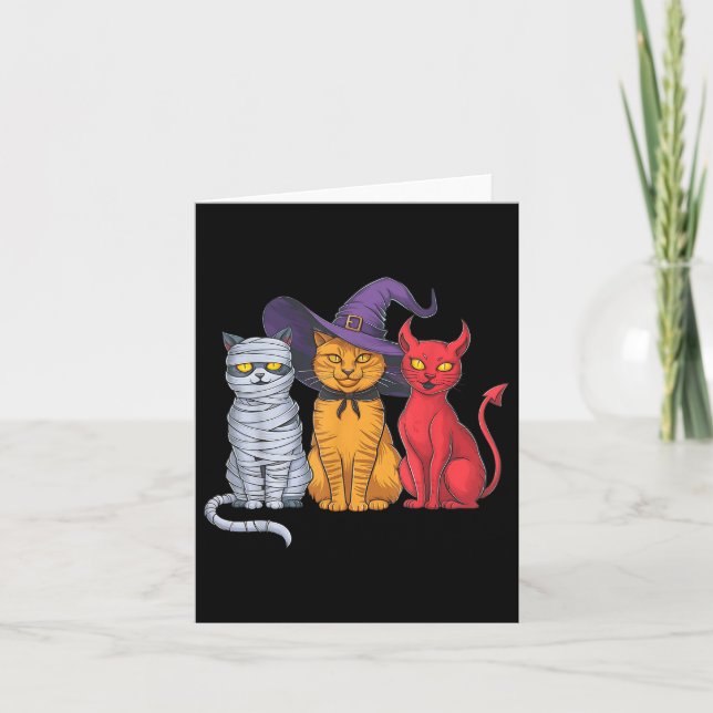 Funny Halloween Cat Trio Costume Witch Mummy Devil Card (Front)