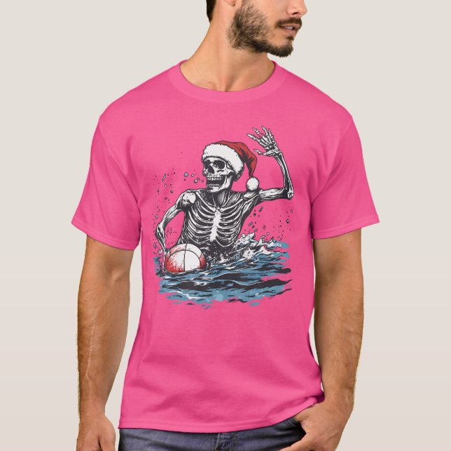 Funny Halloween Christmas Santa Skeleton Playing W T-Shirt (Front)