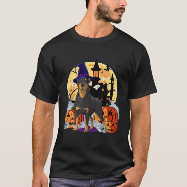 Funny Halloween Corgi Witch Bat Pumpkin T-Shirt (Front)