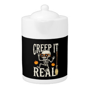 Funny Halloween Creep It Real Dancing Skeleton Des Teapot