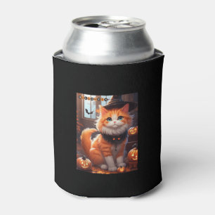 Funny Halloween Cute Orange Cat with Wizard Hat Ba Can Cooler