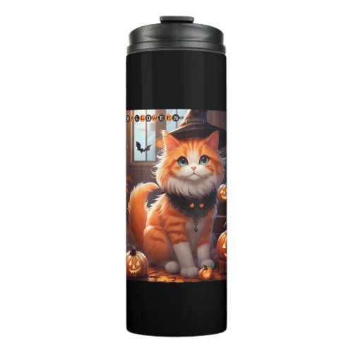 Funny Halloween Cute Orange Cat with Wizard Hat Ba Thermal Tumbler