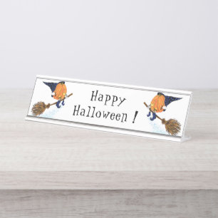 Funny Halloween Desk Name Plate Witch Pumpkin