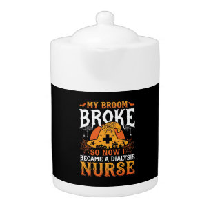 Funny Halloween Dialysis Nurse Witch Broom Design Teapot
