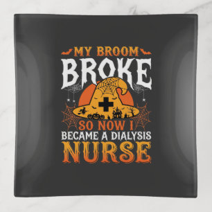 Funny Halloween Dialysis Nurse Witch Broom Design Trinket Tray