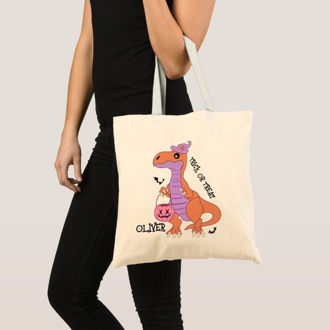 Funny Halloween Dinosaur Trick or Treat Custom Tote Bag (Front (Product))