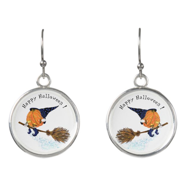 Funny Halloween Earrings Witch Pumpkin Flying (Front)