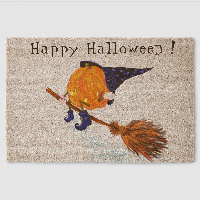 Funny Halloween Fiber Doormat Witch Pumpkin Flying (Front)
