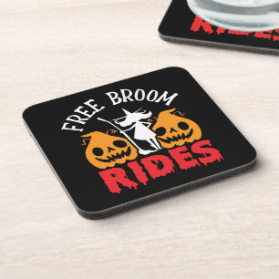 Funny Halloween Free Broom Rides Witch Pumpkins Beverage Coaster