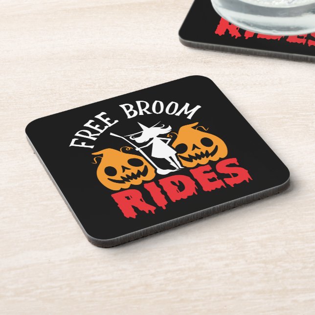 Funny Halloween Free Broom Rides Witch Pumpkins  Beverage Coaster (Left Side)
