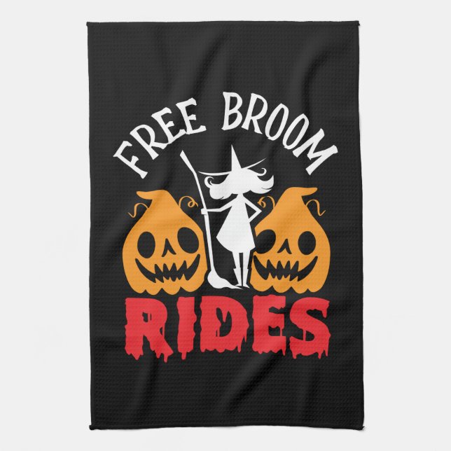 Funny Halloween Free Broom Rides Witch Pumpkins Kitchen Towel (Vertical)
