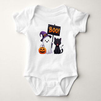 Funny Halloween Ghost and Unimpressed Cat Cartoon Baby Bodysuit