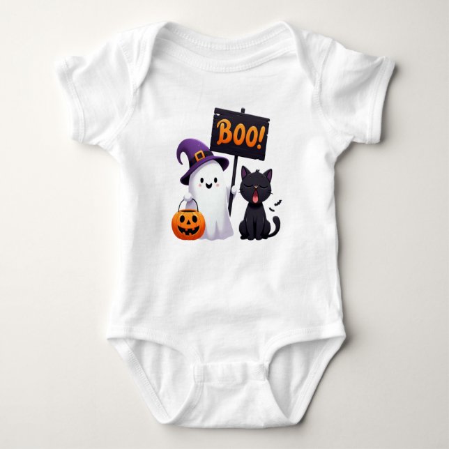 Funny Halloween Ghost and Unimpressed Cat Cartoon  Baby Bodysuit (Front)