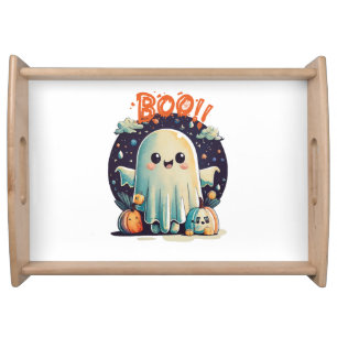 Funny Halloween Ghost Boo in Galaxy Serving Tray