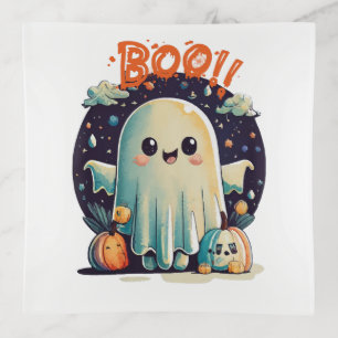 Funny Halloween Ghost Boo in Galaxy Trinket Tray