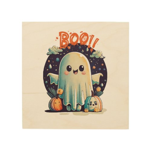 Funny Halloween Ghost Boo in Galaxy Wood Wall Art