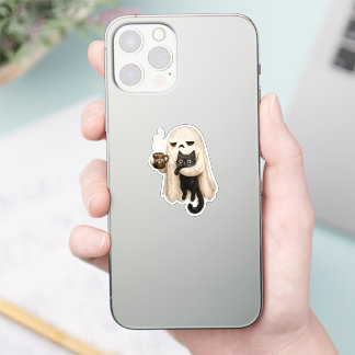 Funny Halloween Ghost Cat, Meh Coffee Spooky Cat Sticker