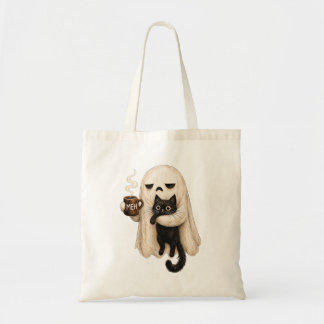 Funny Halloween Ghost Cat, Meh Coffee Spooky Cat Tote Bag