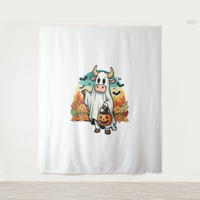 Funny Halloween Ghost Cow Tapestry (Front)