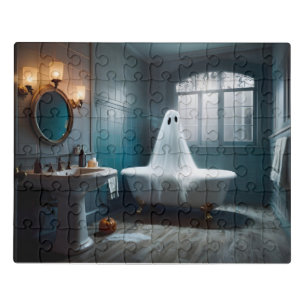 Funny Halloween ghost in bathroom toilet Jigsaw Puzzle