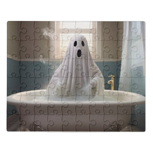 Funny Halloween ghost in bathroom toilet Jigsaw Puzzle