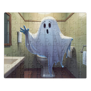 Funny Halloween ghost in bathroom toilet Jigsaw Puzzle
