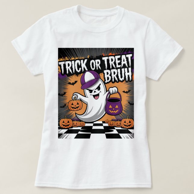 Funny Halloween Ghost & Pumpkins T-Shirt (Design Front)
