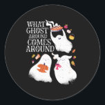 Funny Halloween Ghost Pun Boo Dinner Party Classic Round Sticker<br><div class="desc">What ghost around comes around. Funny boo graphic design for your Happy Halloween party. Cool and awesome merchandise for those who love watching horror movies and going Trick or Treat on Halloween night. This goes well with your spooky and scary Halloween decoration of Jack-O-Lantern pumpkin, ghost, skull, skeleton, witches and...</div>