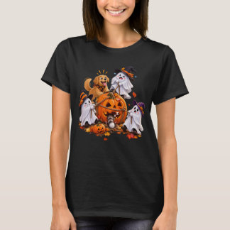 Funny Halloween Ghost Tugging Pumpkin Sleeping Cat T-Shirt