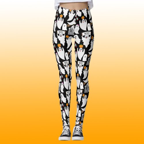 Funny Halloween Ghosts Black and White Patterned Leggings