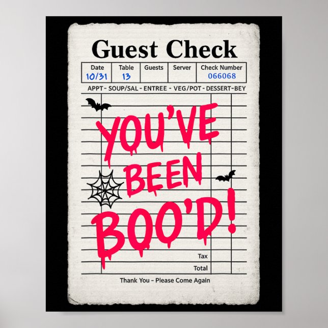Funny Halloween Guest Check You've Been Boo'd Wait Poster (Front)