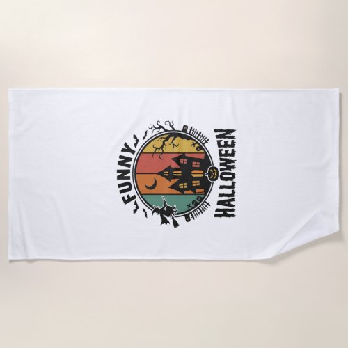 Funny Halloween Haunted House Vintage Vector Desig Beach Towel