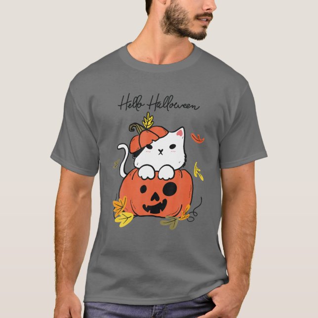 Funny Halloween Jack-O-Lantern Pumpkin Cat Full Mo T-Shirt (Front)