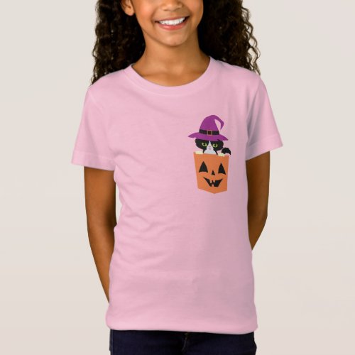 Funny Halloween Kids Tee Black Cat Witch Pocket  T_Shirt