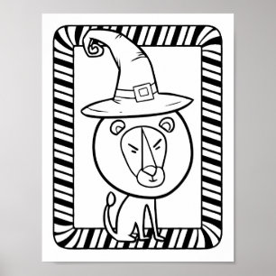 Funny Halloween Lion Coloring Page Poster