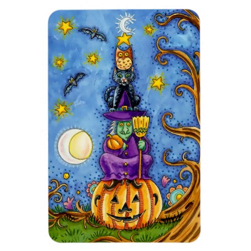Funny Halloween Magnet with Pumpkin Witch Cat Owl