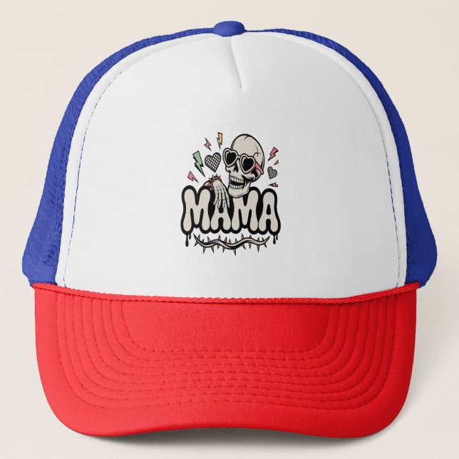 Funny Halloween Mama Cool Skull Trucker Hat (Front)