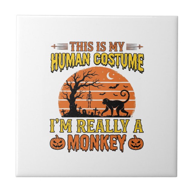 Funny Halloween Monkey Human Costume Shirt Design_ Ceramic Tile (Front)