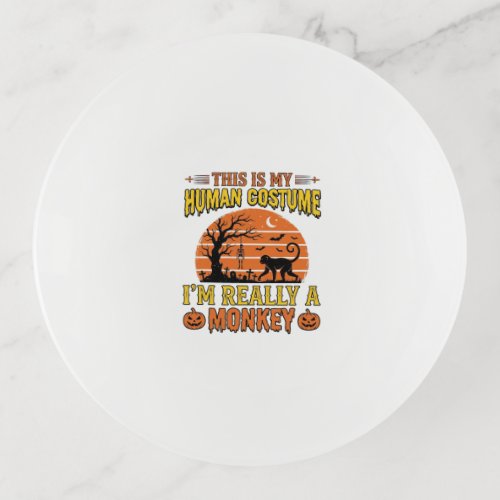 Funny Halloween Monkey Human Costume Shirt Design_ Trinket Tray