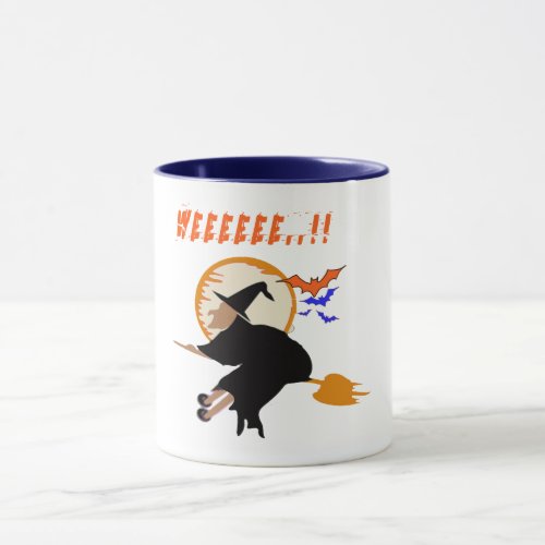 Funny halloween mug on witch  broom stick go weeee