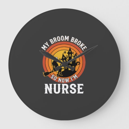Funny Halloween Nurse Witch Broom Costume Graphic Large Clock