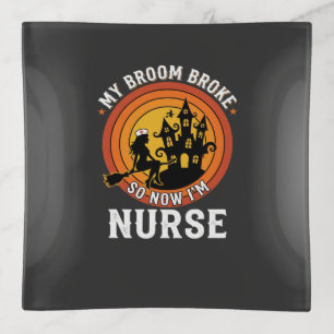 Funny Halloween Nurse Witch Broom Costume Graphic Trinket Tray