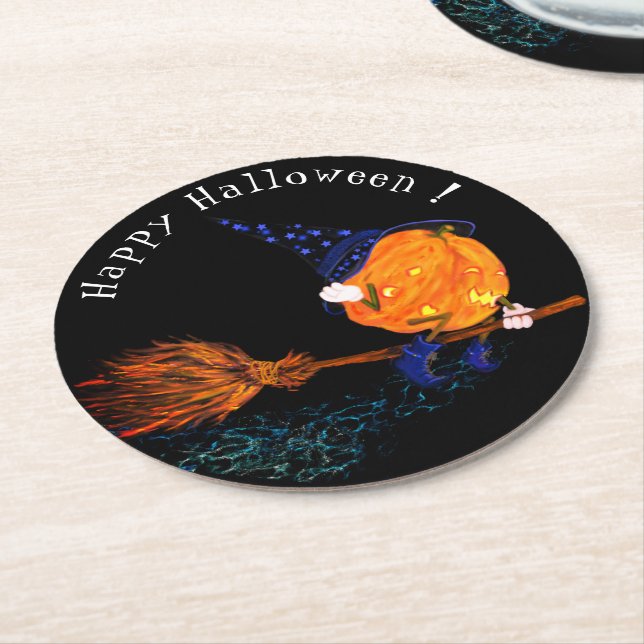 Funny Halloween Paper Coaster Witch Pumpkin Flying (Angled)