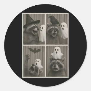 Funny Halloween Party Raccoon Photo Cabin Design Classic Round Sticker