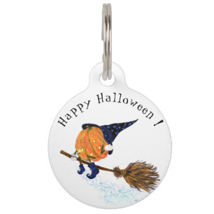Funny Halloween Pet ID Tag Witch Pumpkin Flying