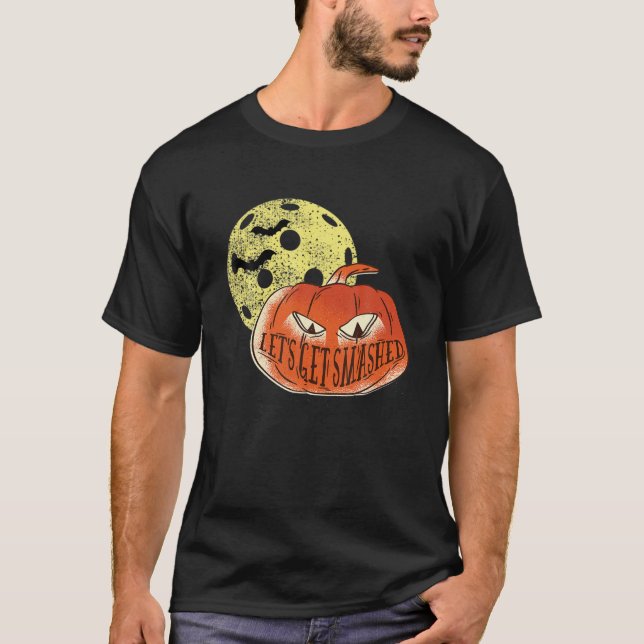 Funny Halloween Pickleball Moon Let's Get Smashed T-Shirt (Front)