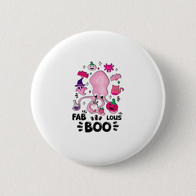 Funny Halloween Pink Cat Ghost Juggling Octopus Fa Button (Front)