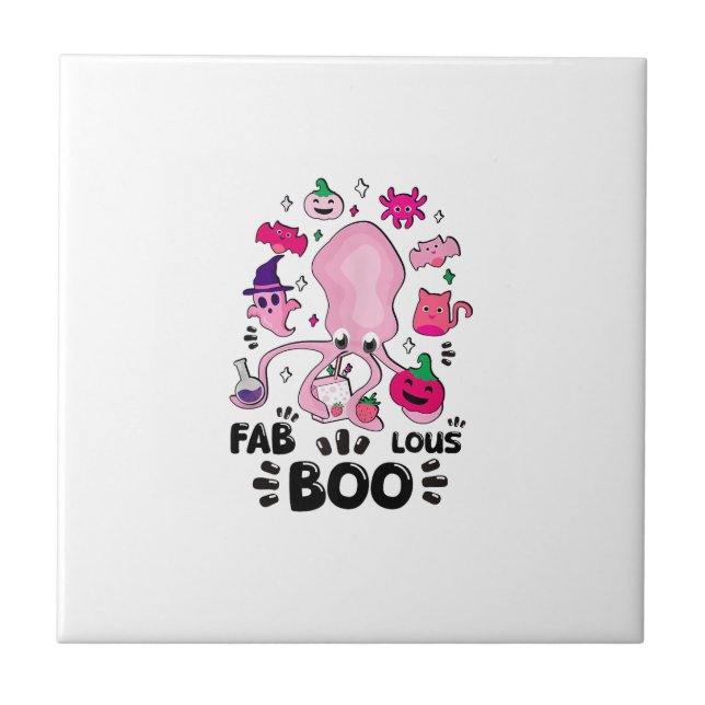 Funny Halloween Pink Cat Ghost Juggling Octopus Fa Ceramic Tile (Front)